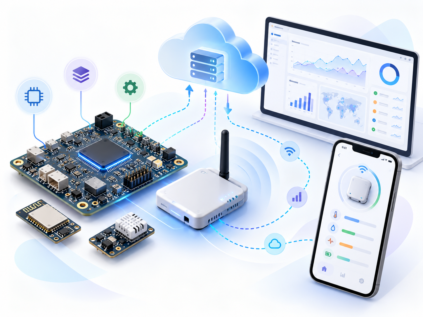 Placa eletrônica, aplicativo móvel e painel de monitoramento conectados à nuvem